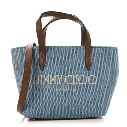 Jimmy Choo Raffia Canvas Logo Embroidered Mini Tote Smoky Blue Tan 1 of 10