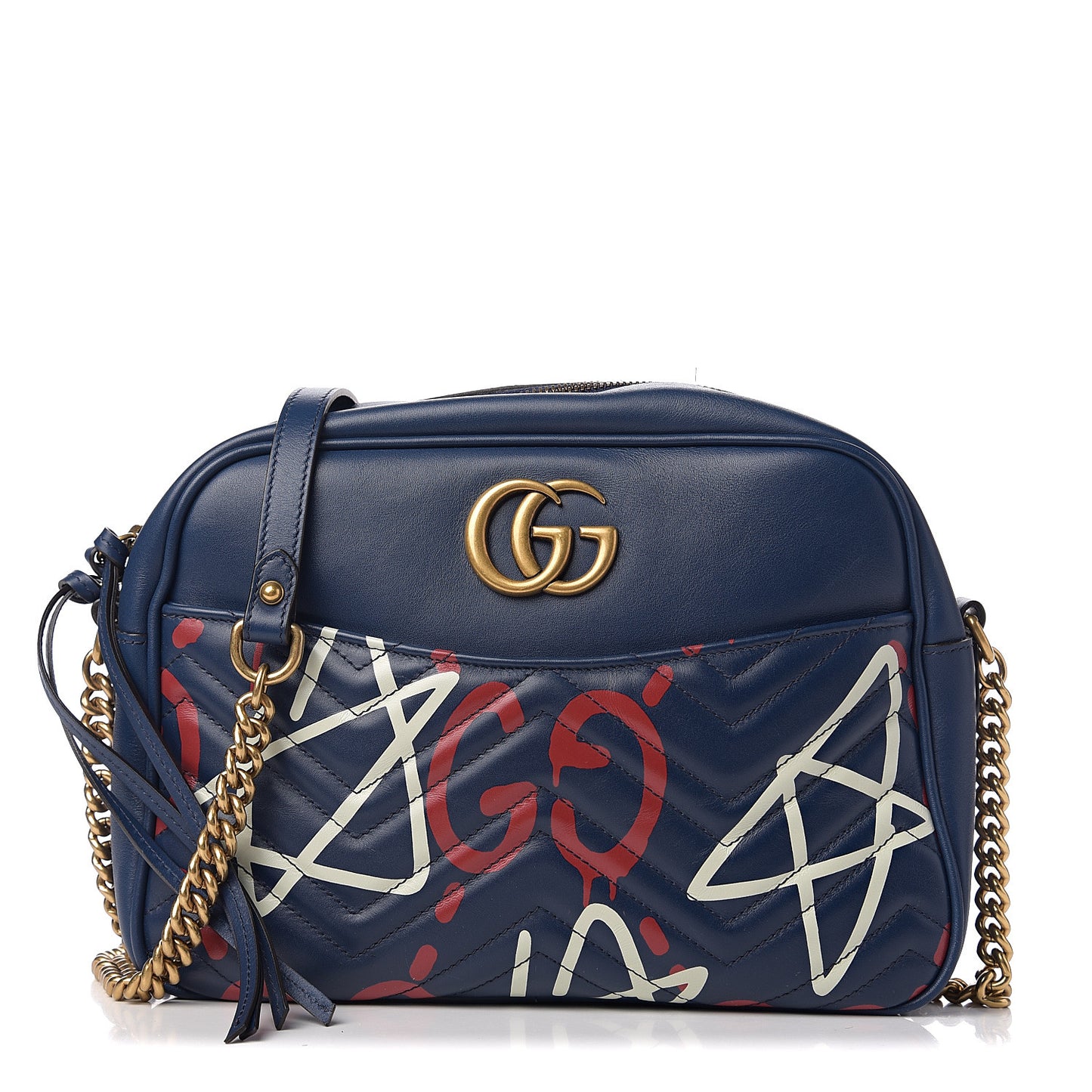 Calfskin Matelasse GucciGhost Medium GG Marmont Chain Shoulder Bag Blue Agata Hibiscus Red