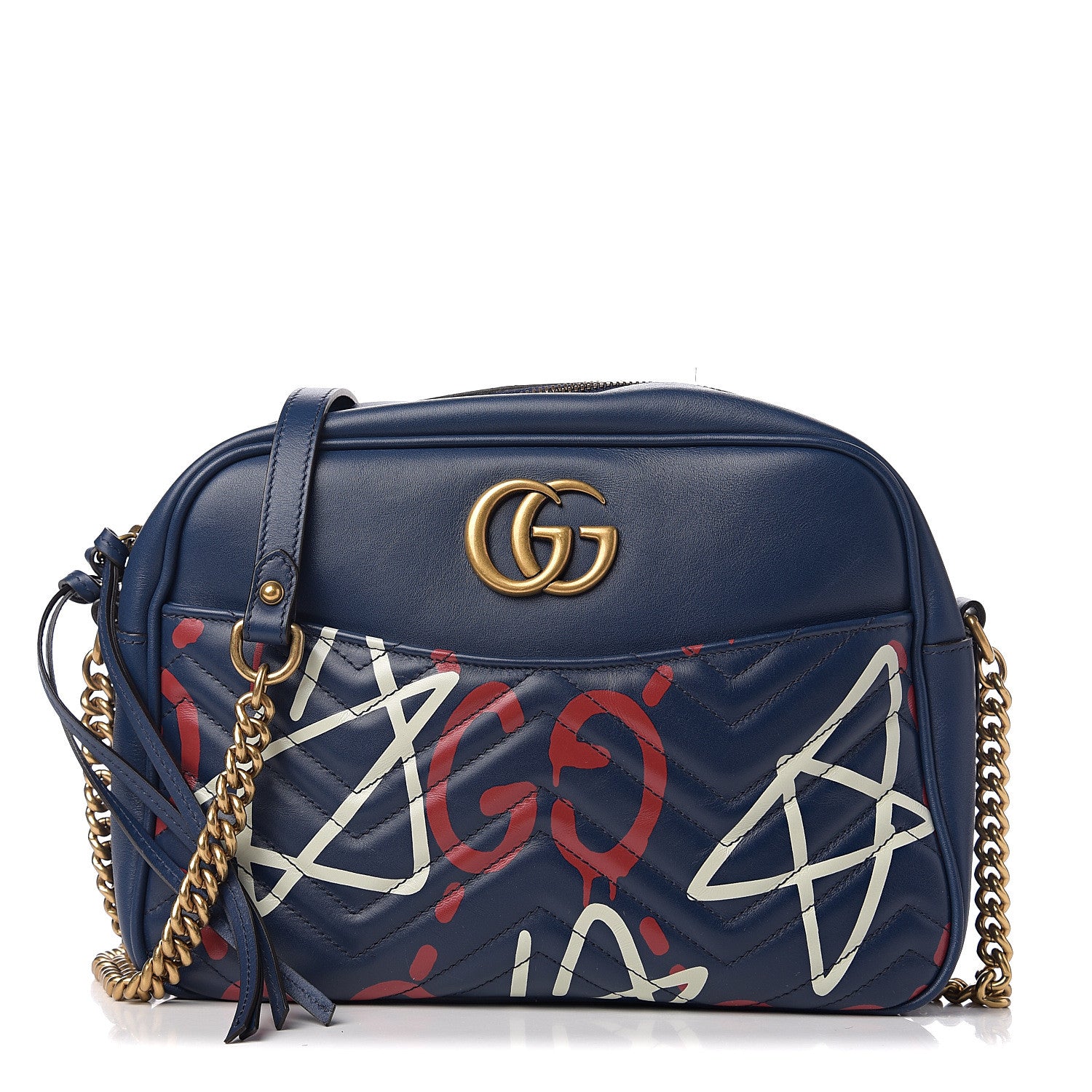 Gucci Calfskin Matelasse GucciGhost Medium GG Marmont Chain Shoulder Bag Blue Agata Hibiscus Red 1 of 9