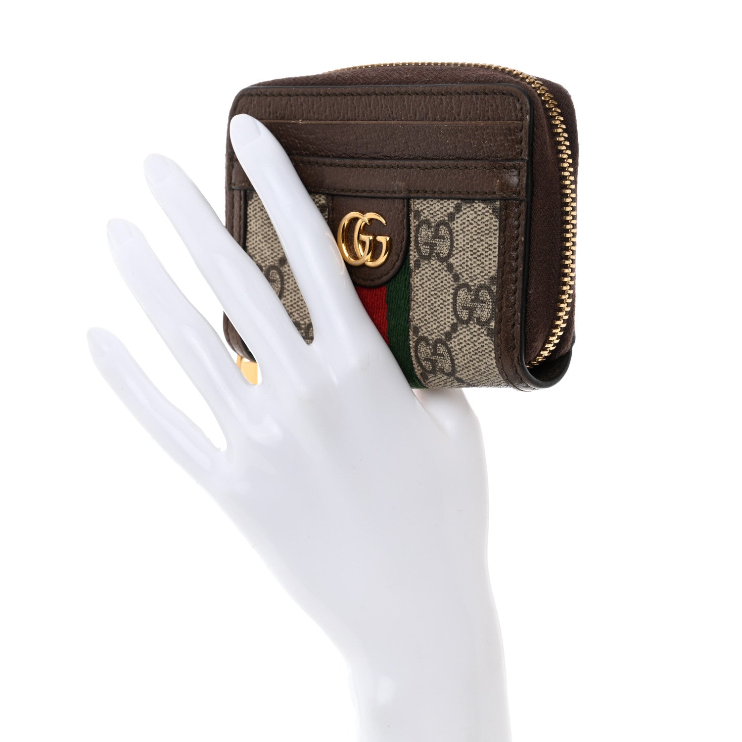 Gucci GG Supreme Monogram Textured Dollar Calfskin Web Ophidia Zip Around Card Case Wallet Beige Ebony New Acero 2 of 11