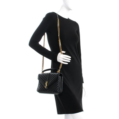 Saint Laurent Sheepskin Matelasse Chevron Monogram Medium College Bag Black 2 of 9