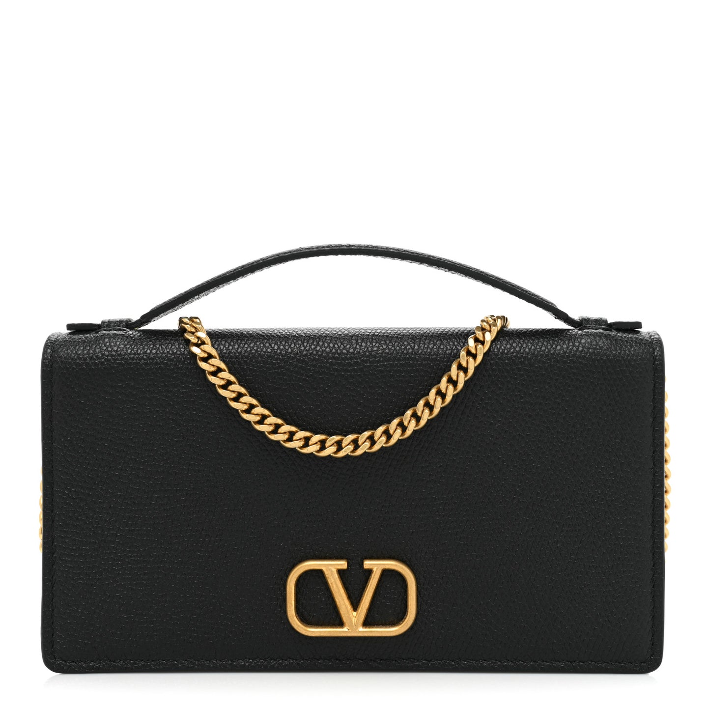 Grainy Calfskin VLogo Top Handle Wallet With Chain Black