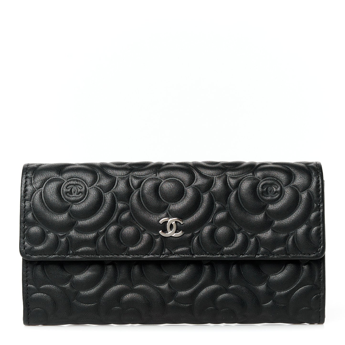 Lambskin Embossed Camellia Large Gusset Flap Wallet Black