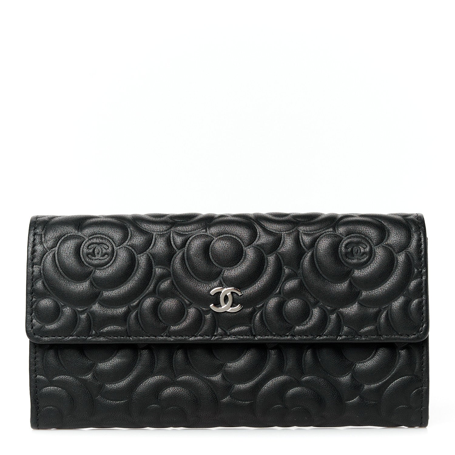Chanel Lambskin Embossed Camellia Large Gusset Flap Wallet Black 1 of 12