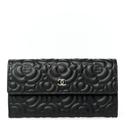Chanel Lambskin Embossed Camellia Large Gusset Flap Wallet Black 1 of 12