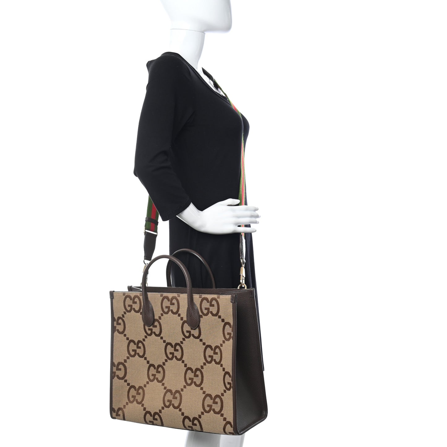 Monogram Jumbo GG Textured Dollar Calfskin Web Tote Bag Camel Ebony New Acero