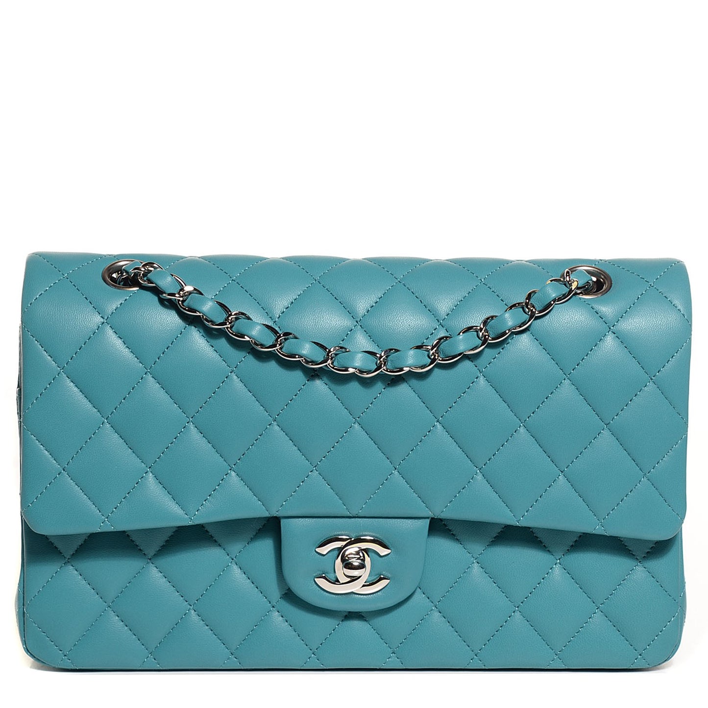 Lambskin Quilted Medium Double Flap Turquoise