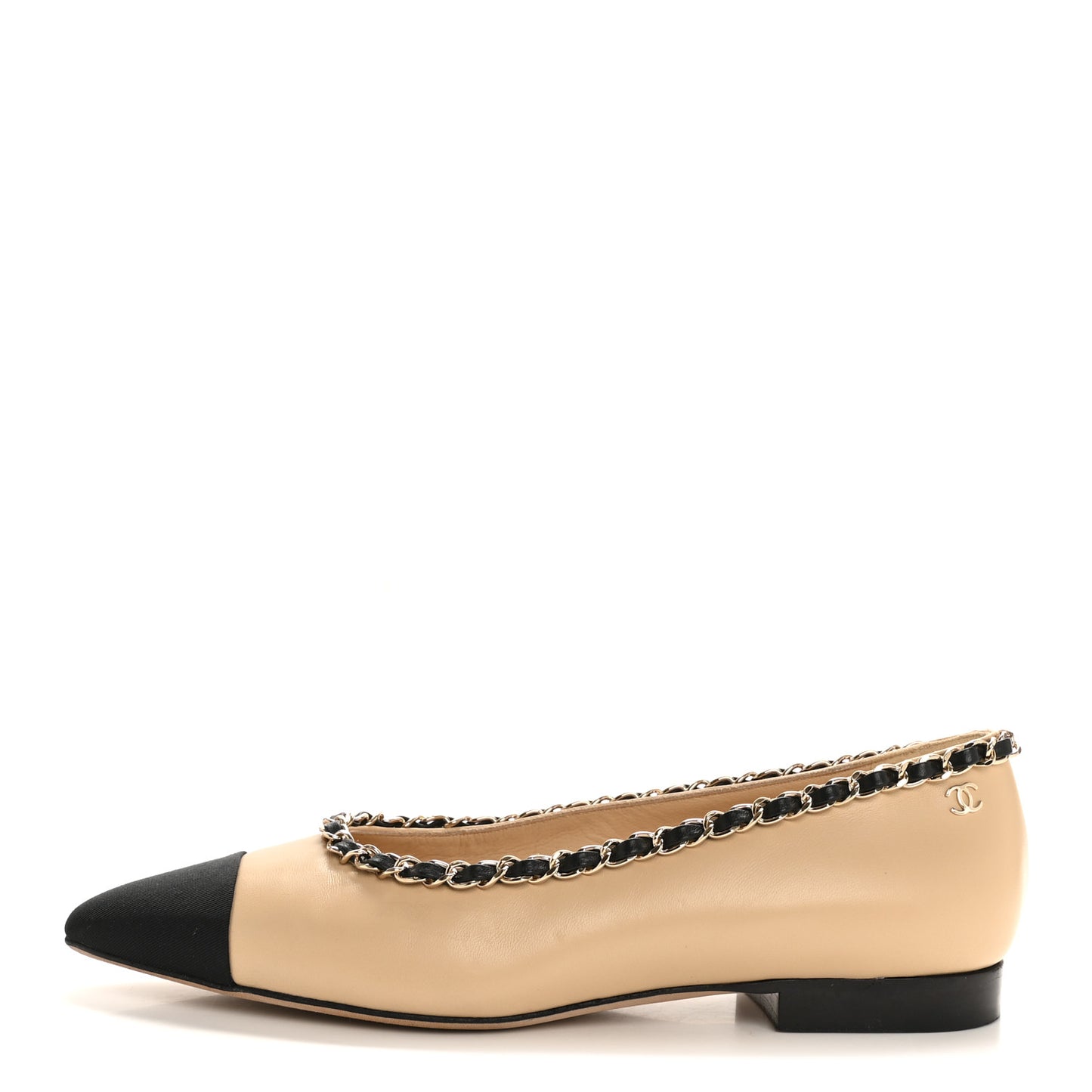 Lambskin Grosgrain Chain Cap Toe Flats 35.5 Beige Black