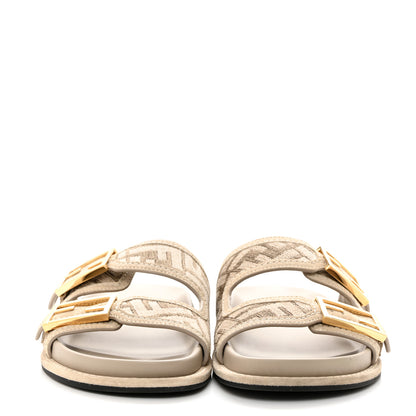 Fendi Chenille Fabric Jacquard Suede FF Womens Fendi Feel Buckled Slide Sandals 39.5 Tortora Nuvola Rock 2 of 9