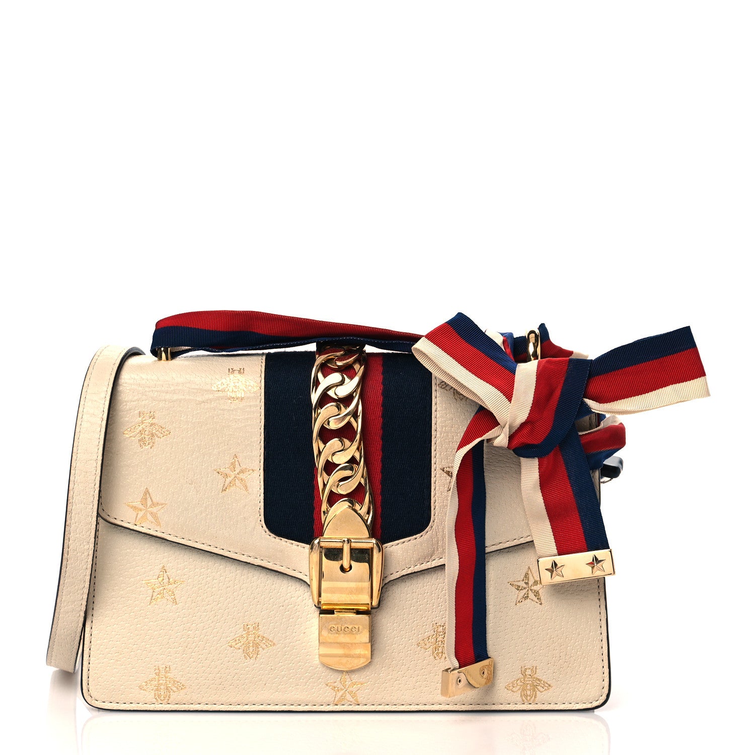 Gucci Textured Calfskin Bee Star Print Small Sylvie Shoulder Bag Mystic White 1 of 10