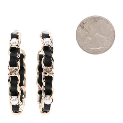 Chanel Lambskin Pearl CC Chain Hoop Earrings Gold Black 2 of 5