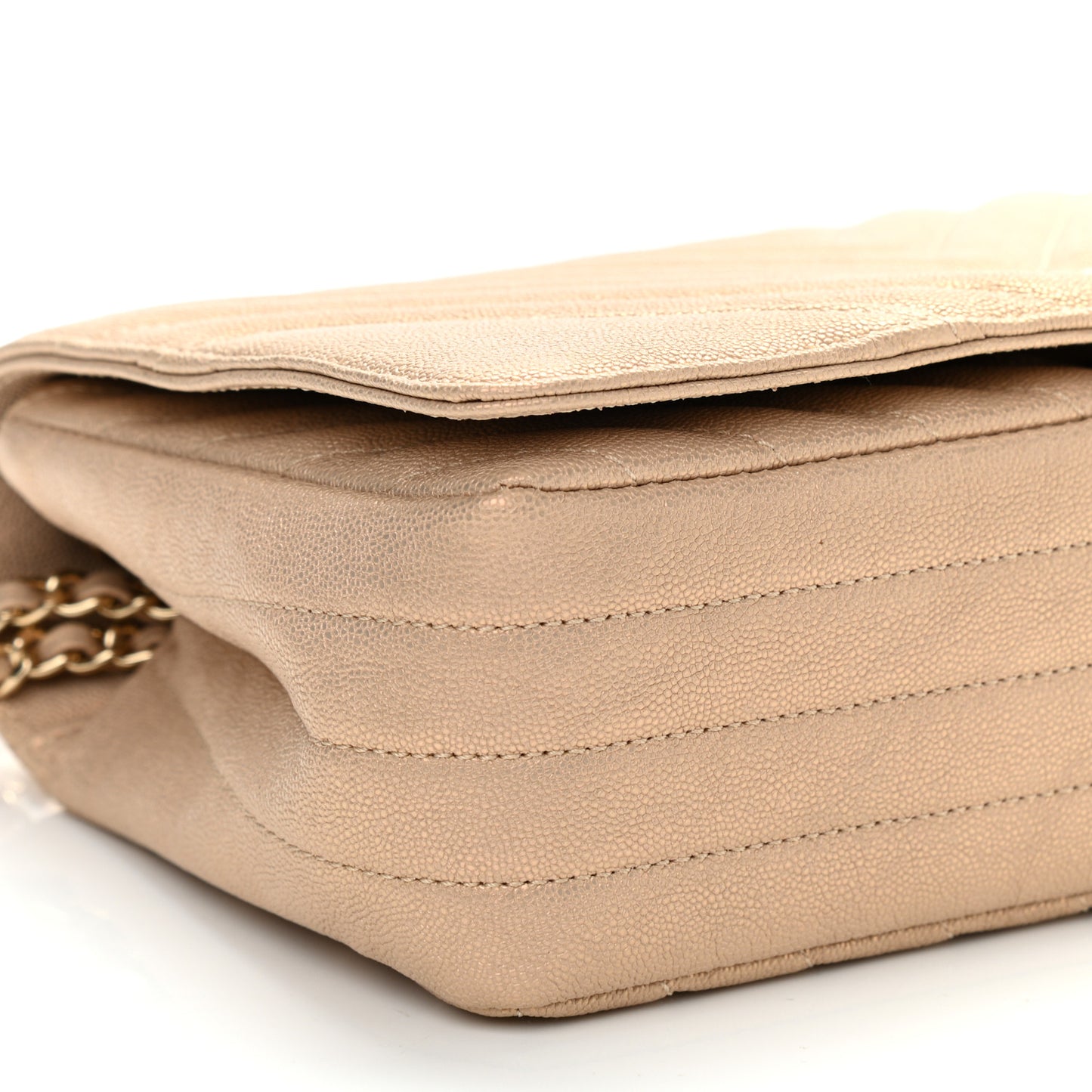 Metallic Caviar Chevron Quilted Medium Statement Flap Beige