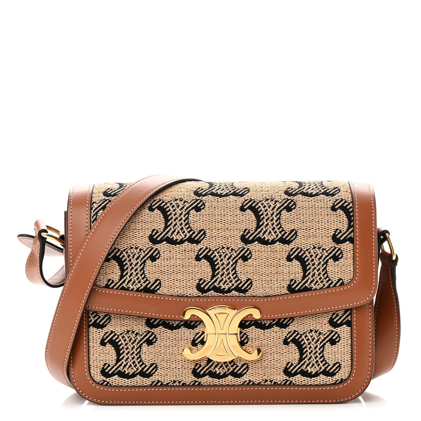 Canvas Calfskin Triomphe Embroidered Medium Triomphe Bag Tan