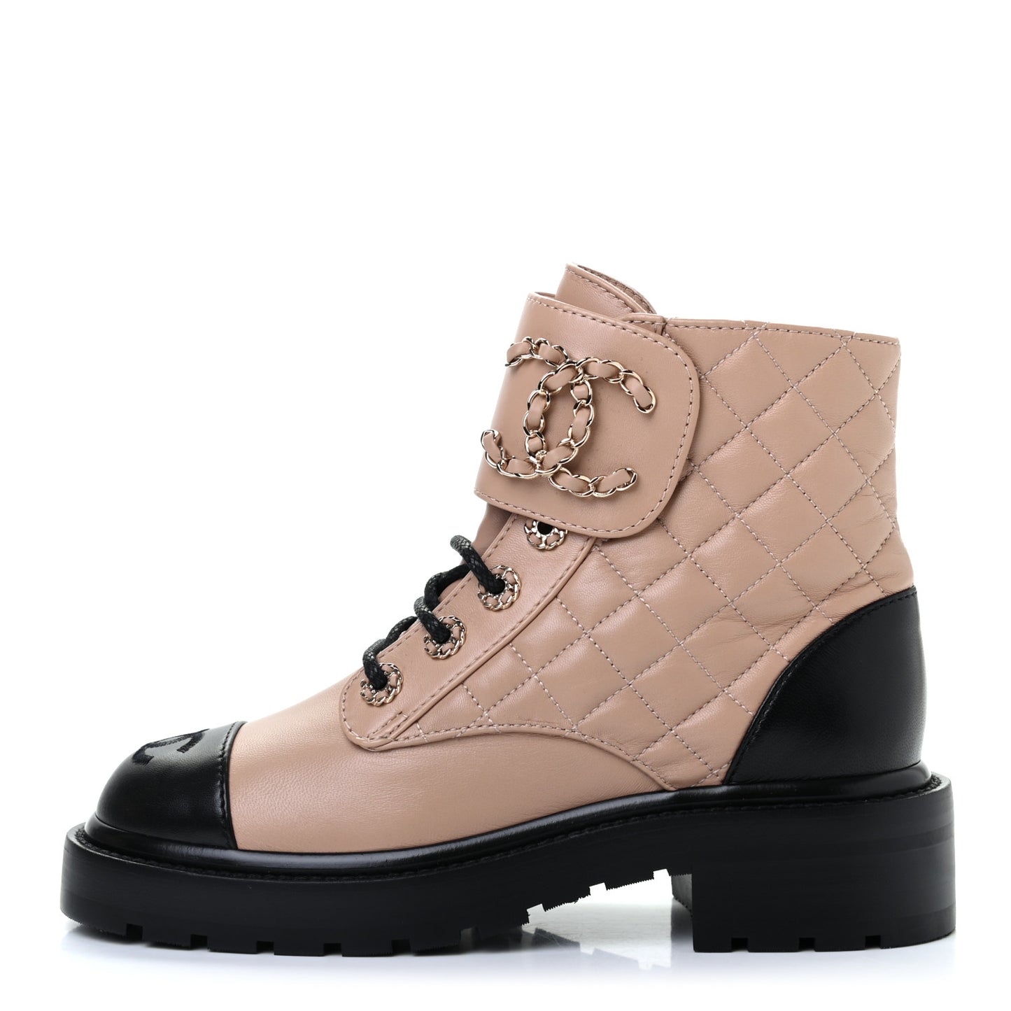 Shiny Lambskin Quilted Lace Up Combat Boots 35 Beige Black