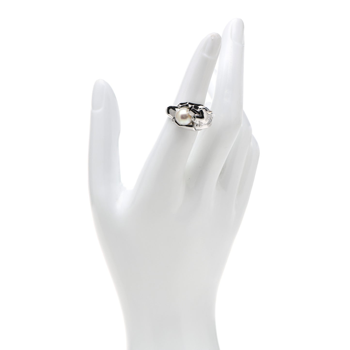 18K White Gold Pearl Black Onyx Emerald Panthere De Cartier Ring 52 6
