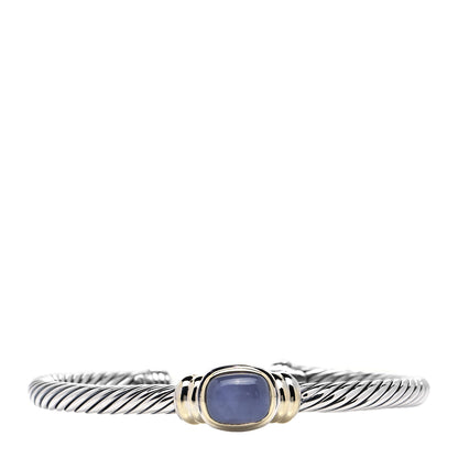 David Yurman Sterling Silver 14K Yellow Gold Blue Chalcedony 5mm Noblesse Cable Bracelet 1 of 6