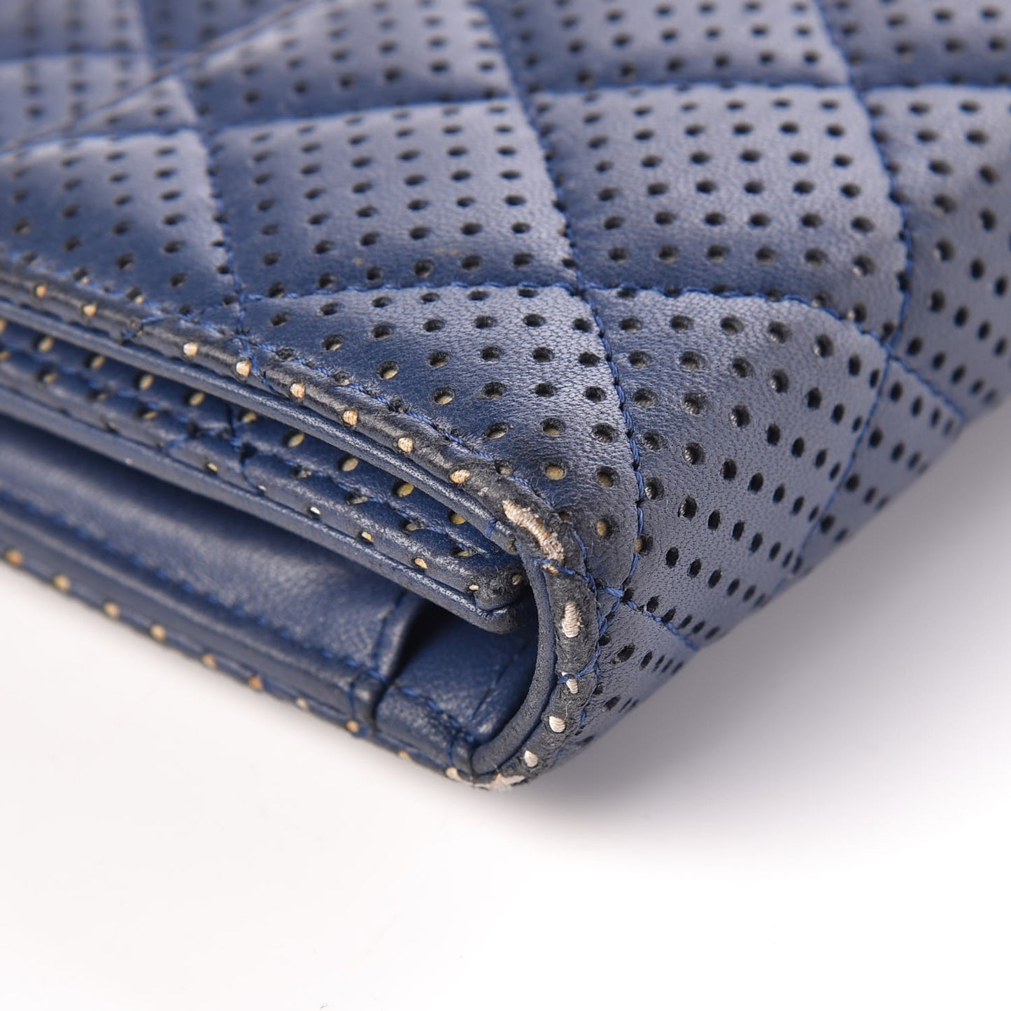 Perforated Lambskin Quilted Large Flap Wallet Blue