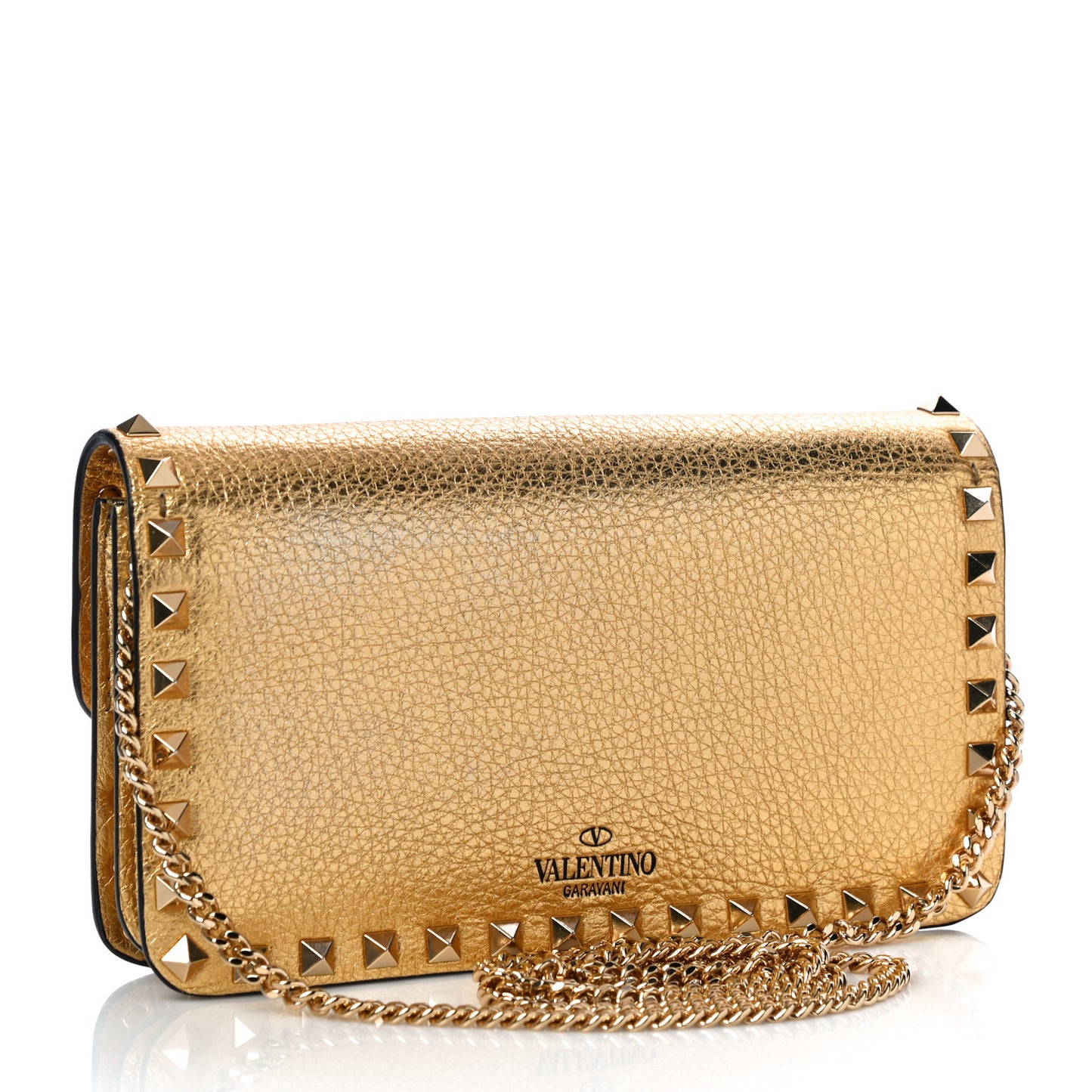 Pebbled Calfskin Rockstud Flap Wallet On Chain Soft Gold