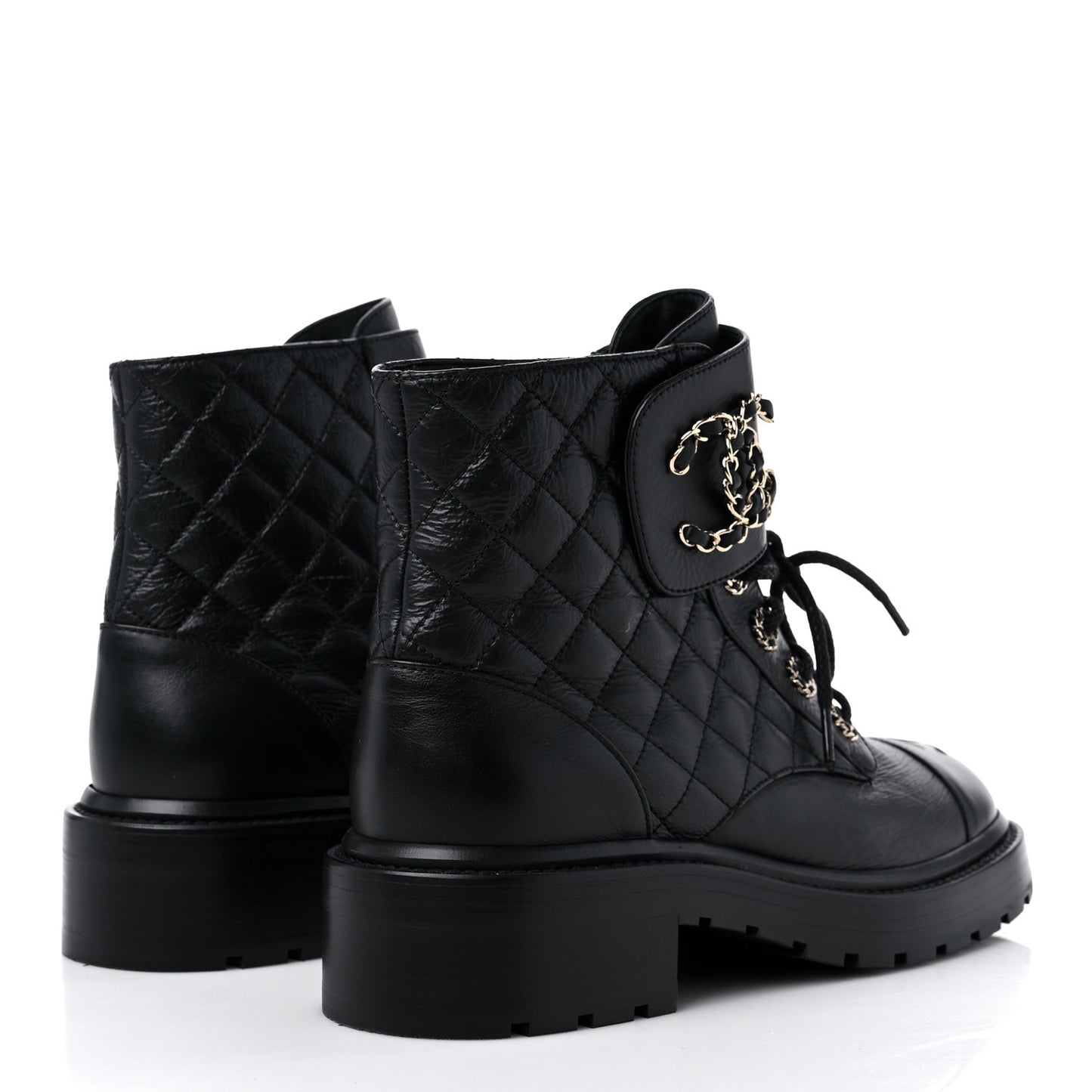 Shiny Lambskin Quilted Lace Up Combat Boots 38 Black