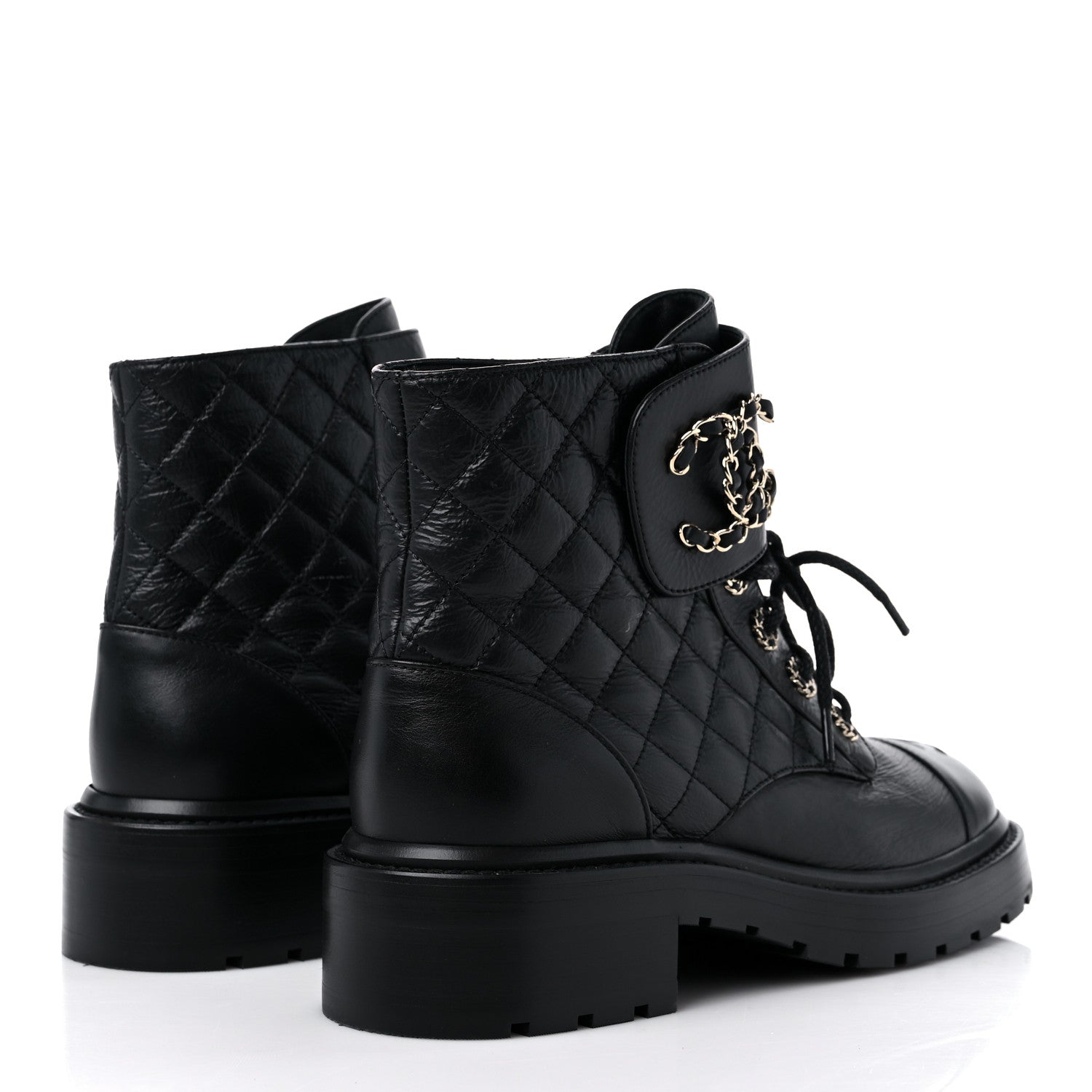 Chanel Shiny Lambskin Quilted Lace Up Combat Boots 38 Black 4 of 8