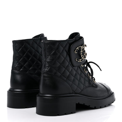 Chanel Shiny Lambskin Quilted Lace Up Combat Boots 38 Black 4 of 8