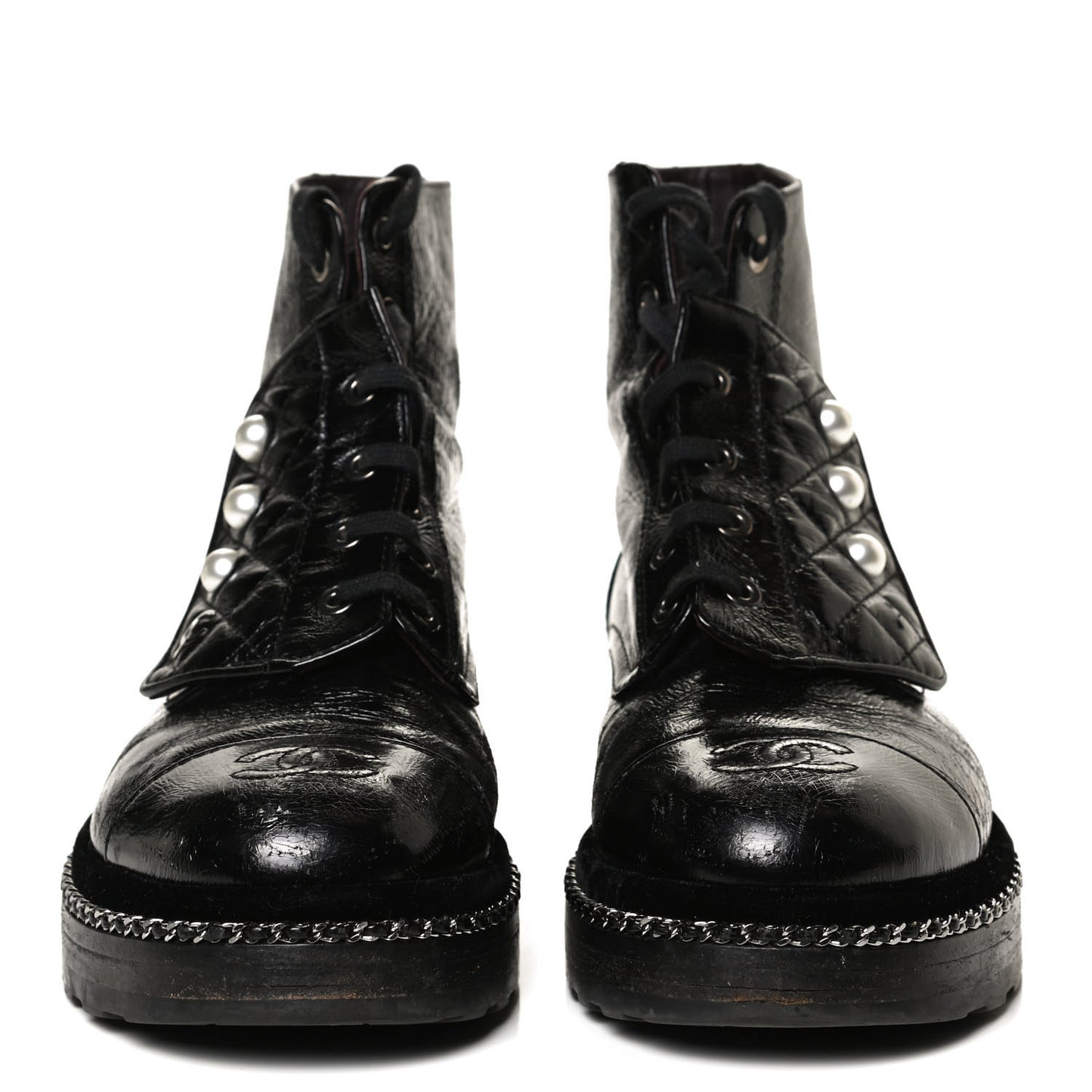 Crackled Calfskin Velvet Pearl Combat Short Boots 38.5 Black