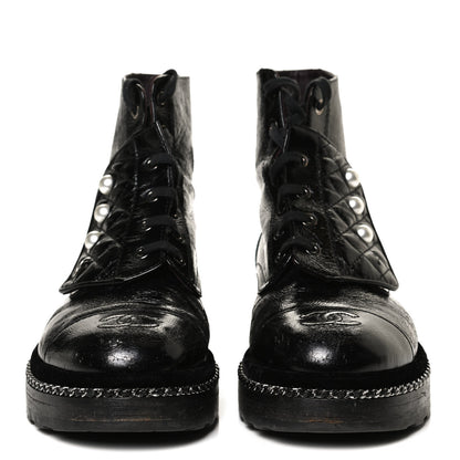 Chanel Crackled Calfskin Velvet Pearl Combat Short Boots 38.5 Black 2 of 8