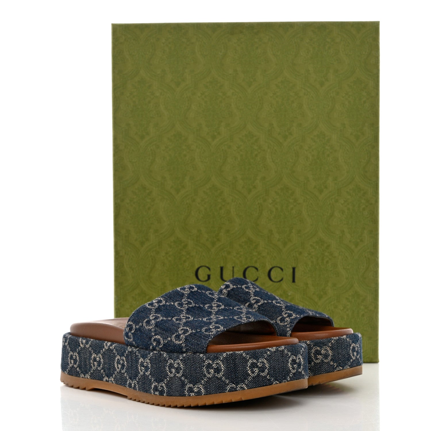 Gucci New Denim GG Monogram Angelina Platform 55mm Slide Sandals 37 Blue Tea 9 of 9