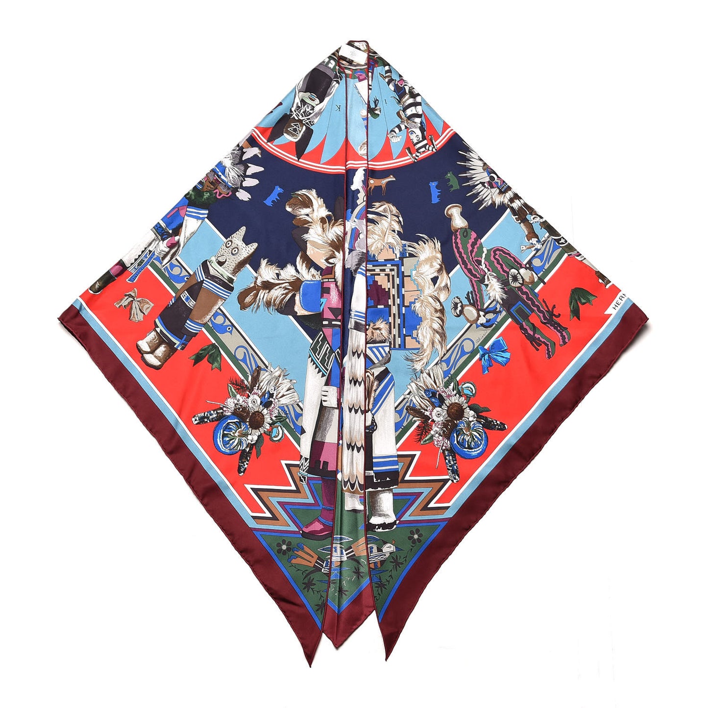 Silk Kachinas Giant Pointe Triangle Scarf Marine Rouge Bleu Glacier