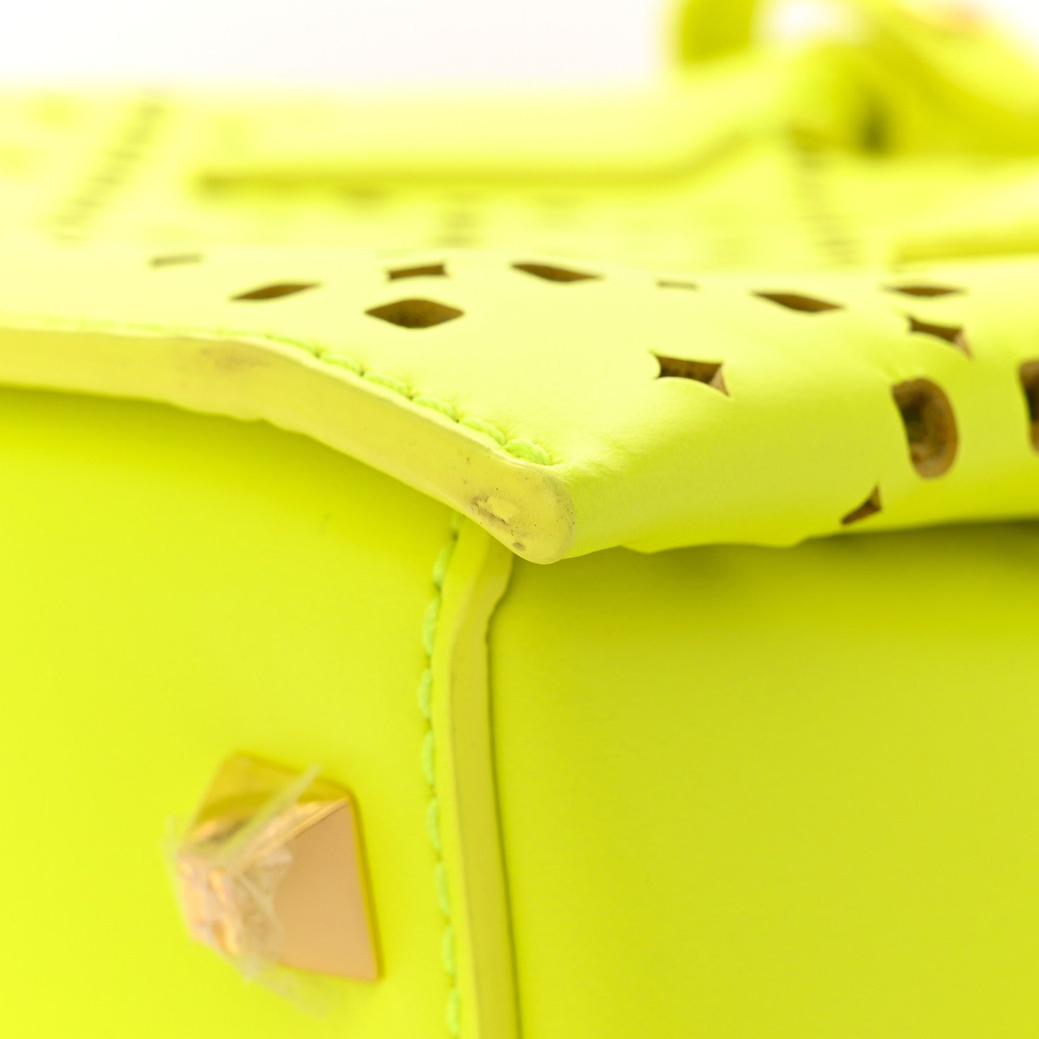 MCM Perforated Calfskin Studded Mini Milla Tote Neon Yellow 12 of 15