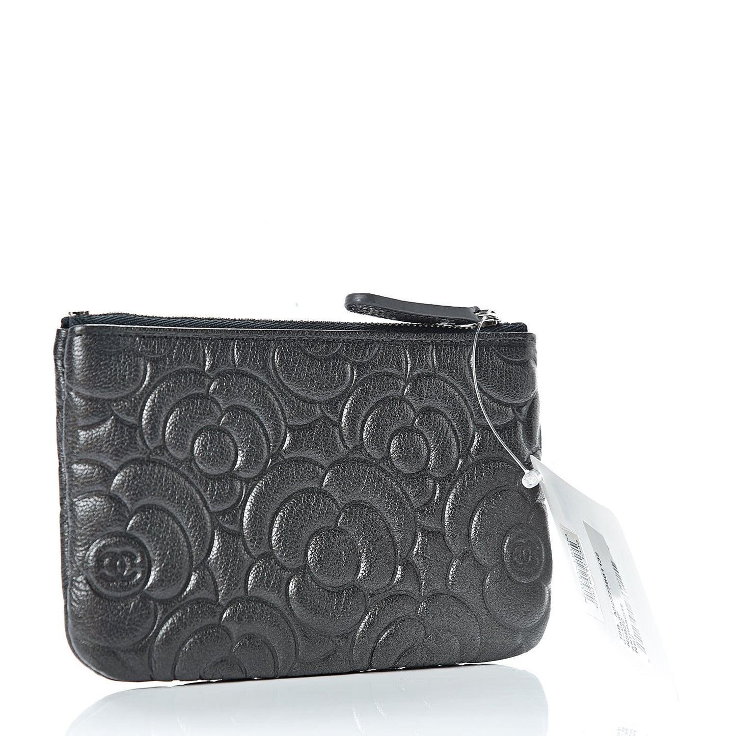 Goatskin Camellia Embossed Cosmetic Pouch Anthracite