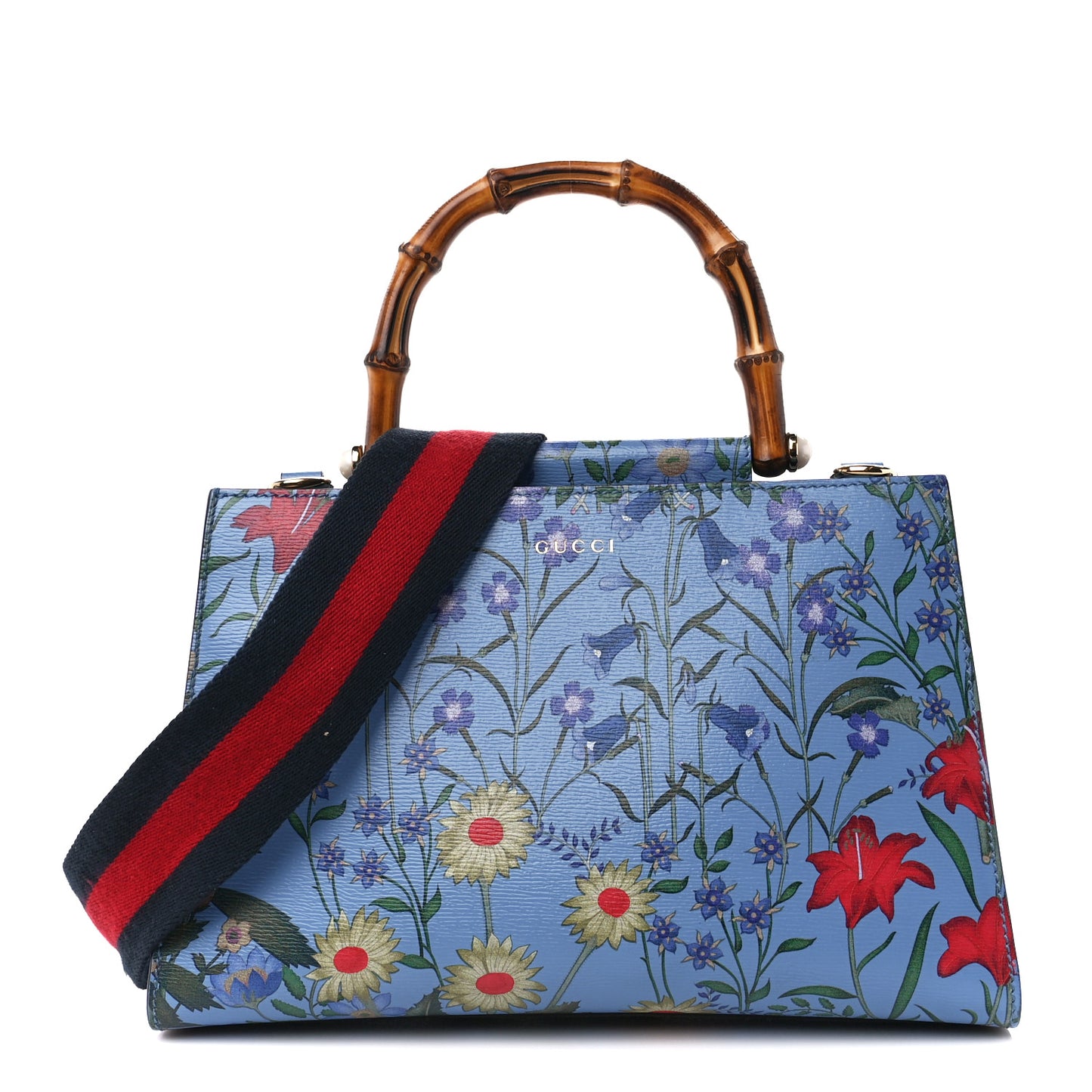 Calfskin Bamboo Web New Flora Small Nymphaea Top Handle Bag Azure
