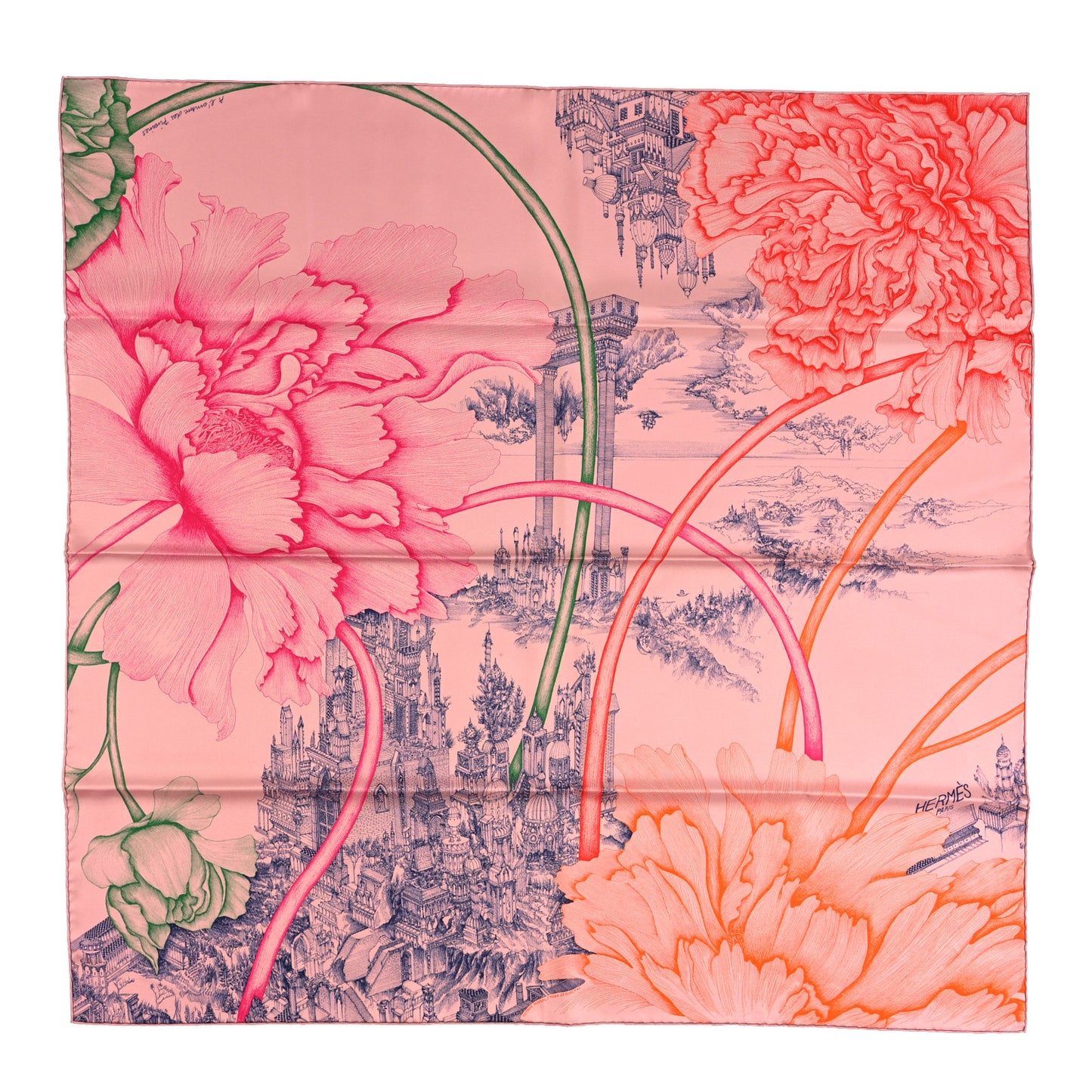 Silk A l'Ombre des Pivoines Scarf 90 Vieux Rose Encre