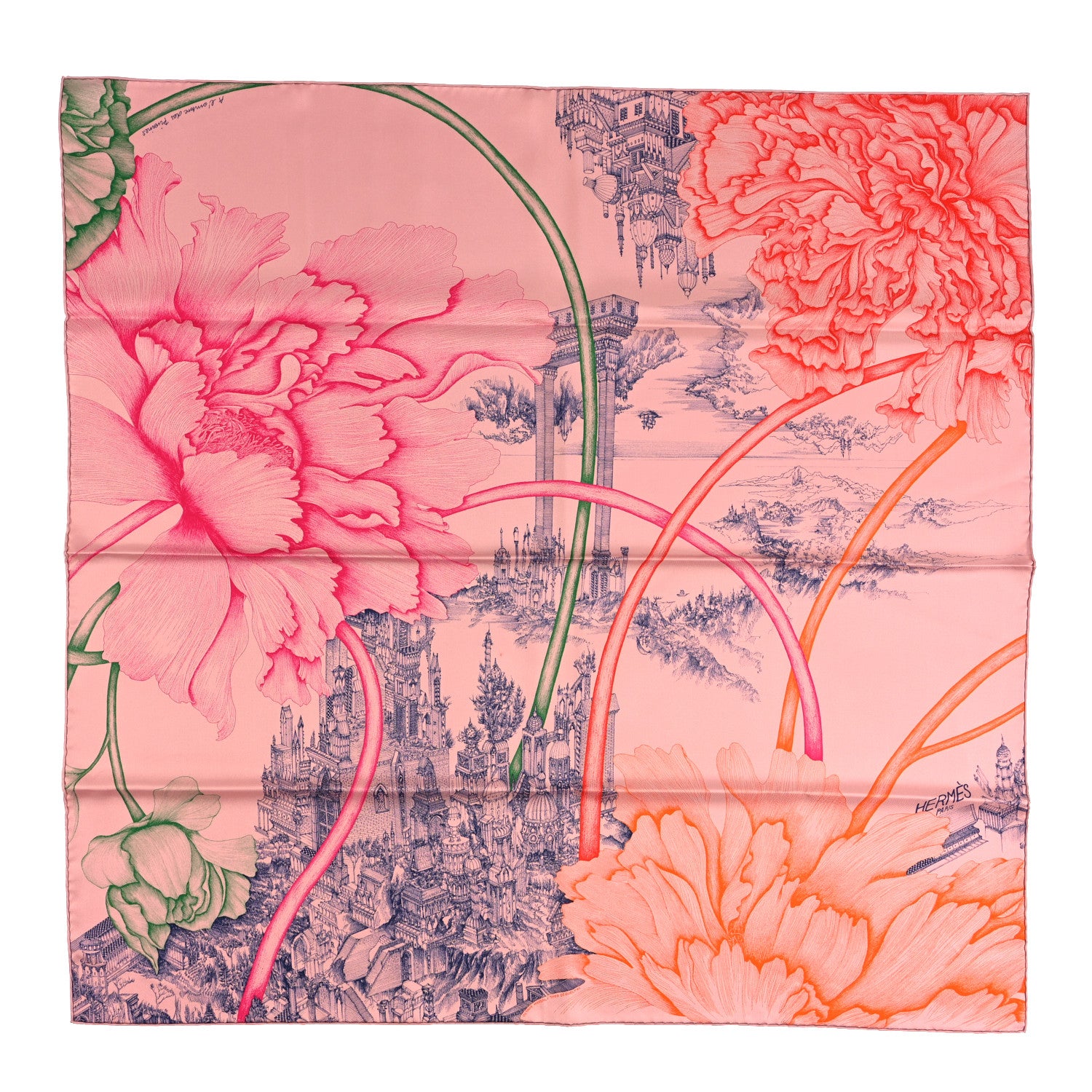Hermes Silk A l'Ombre des Pivoines Scarf 90 Vieux Rose Encre 1 of 3