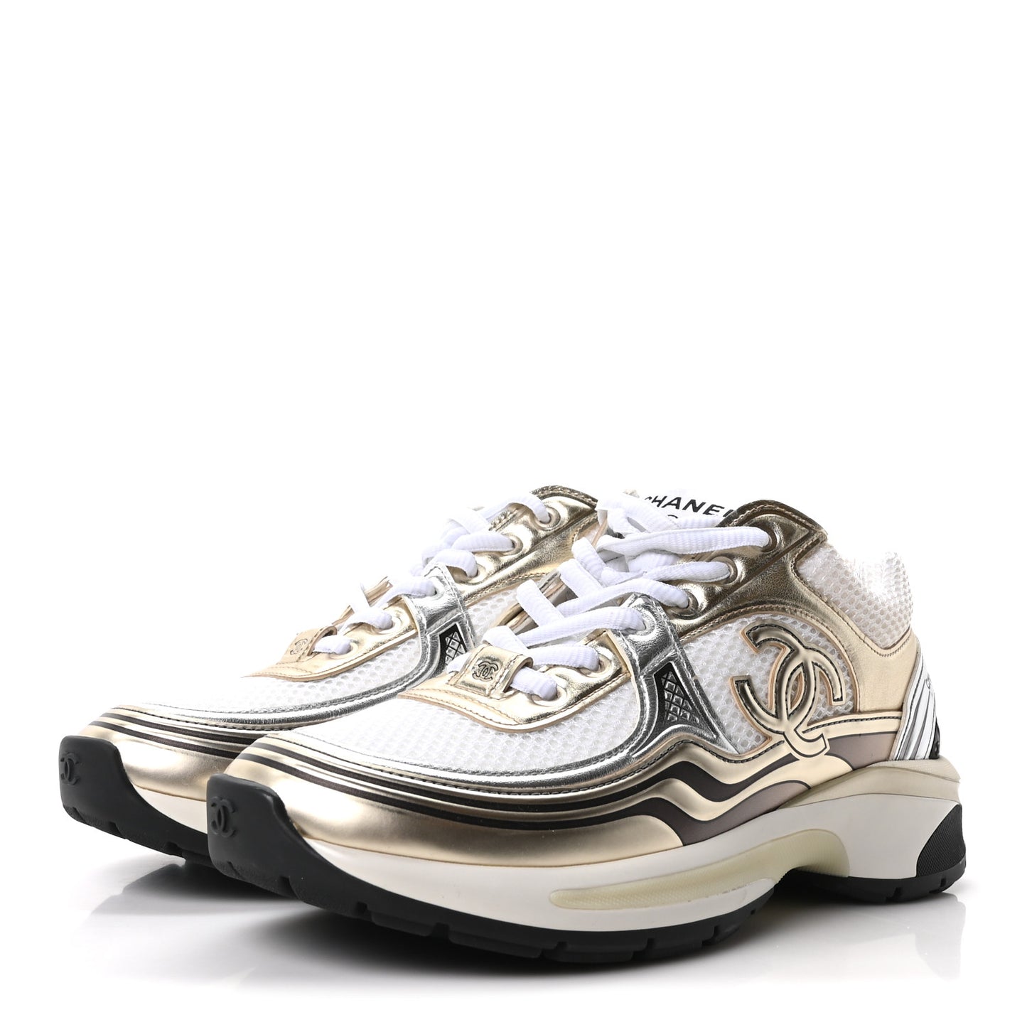 Fabric Laminated Calfskin Stretch CC Sneakers 36.5 White Gold Silver