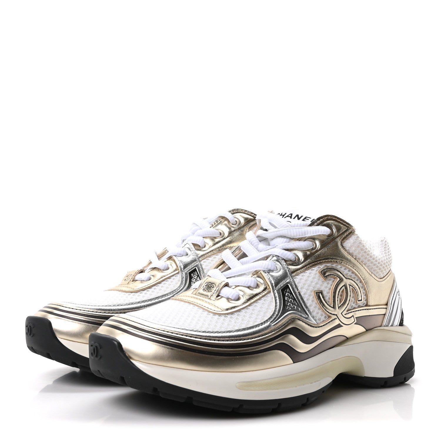 Chanel Fabric Laminated Calfskin Stretch CC Sneakers 36.5 White Gold Silver 4 of 10