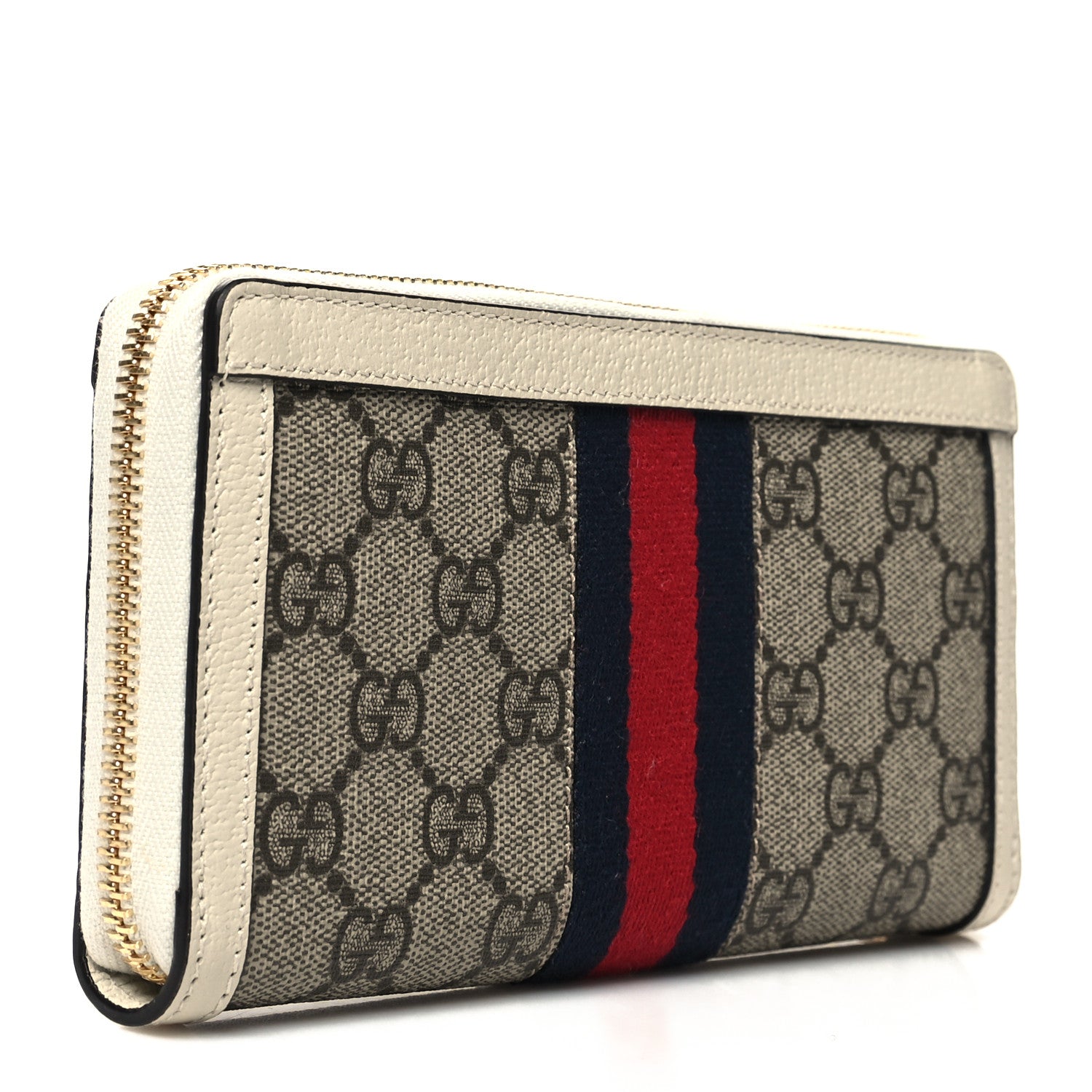 Gucci GG Supreme Monogram Textured Dollar Calfskin Web Ophidia Zip Around Wallet Beige Ebony Mystic White 3 of 10