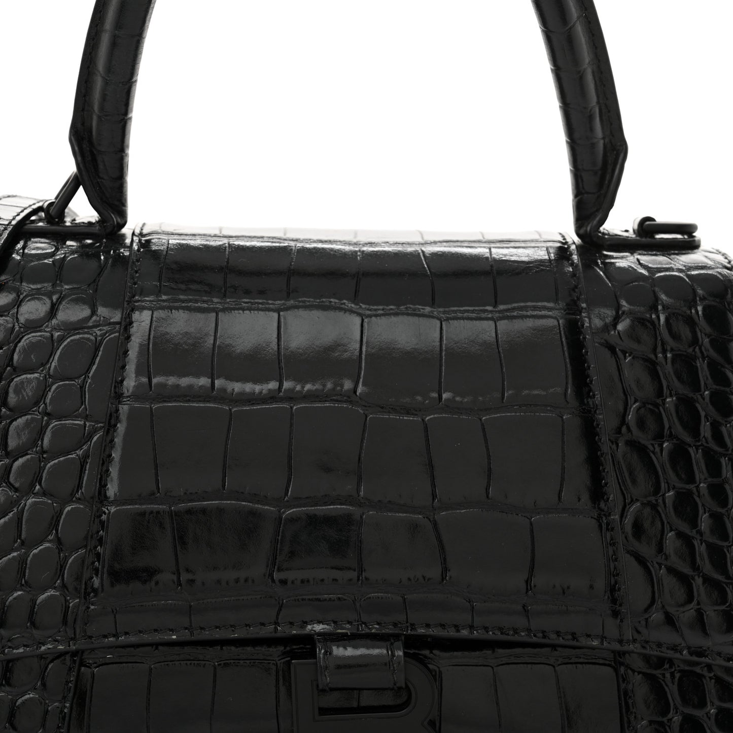 Shiny Calfskin Monochrome Crocodile Embossed Small Hourglass Top Handle Bag Black
