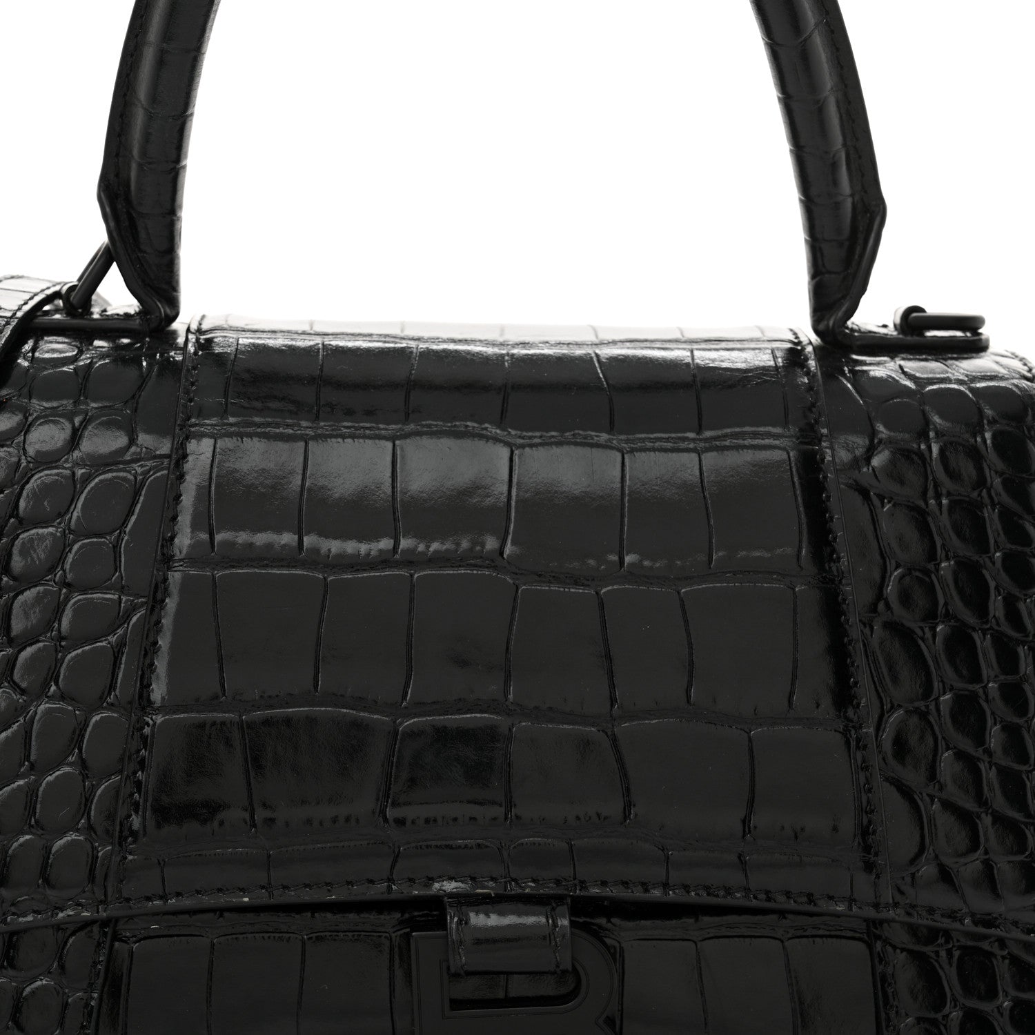 Balenciaga Shiny Calfskin Monochrome Crocodile Embossed Small Hourglass Top Handle Bag Black 8 of 12