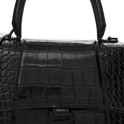 Balenciaga Shiny Calfskin Monochrome Crocodile Embossed Small Hourglass Top Handle Bag Black 8 of 12