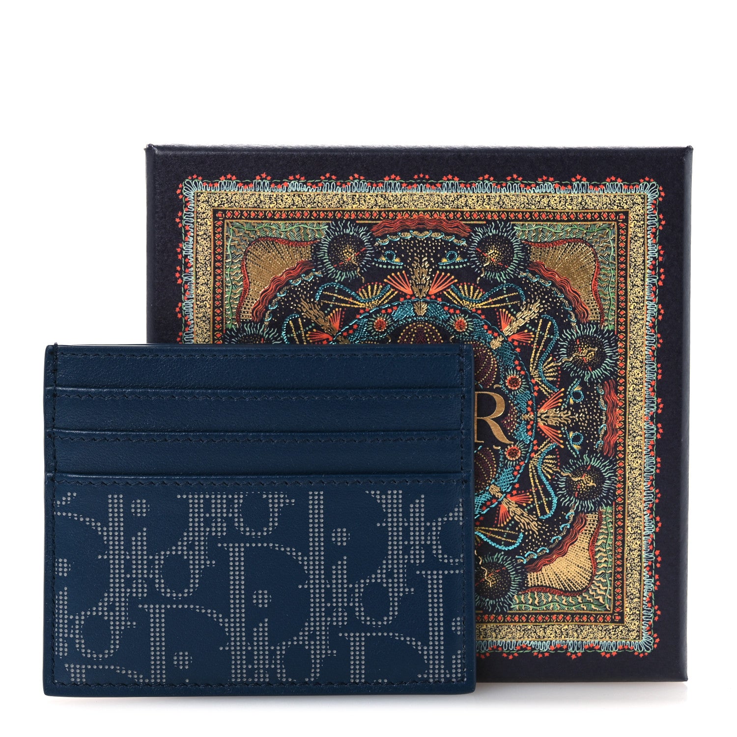 新品未使用　DIOR ネイビー プレート Christian Dior Calfskin Oblique Galaxy Perforated Card Holder Blue