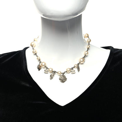 Chanel Crystal Pearl CC Camellia Charm Short Necklace Silver 2 of 5