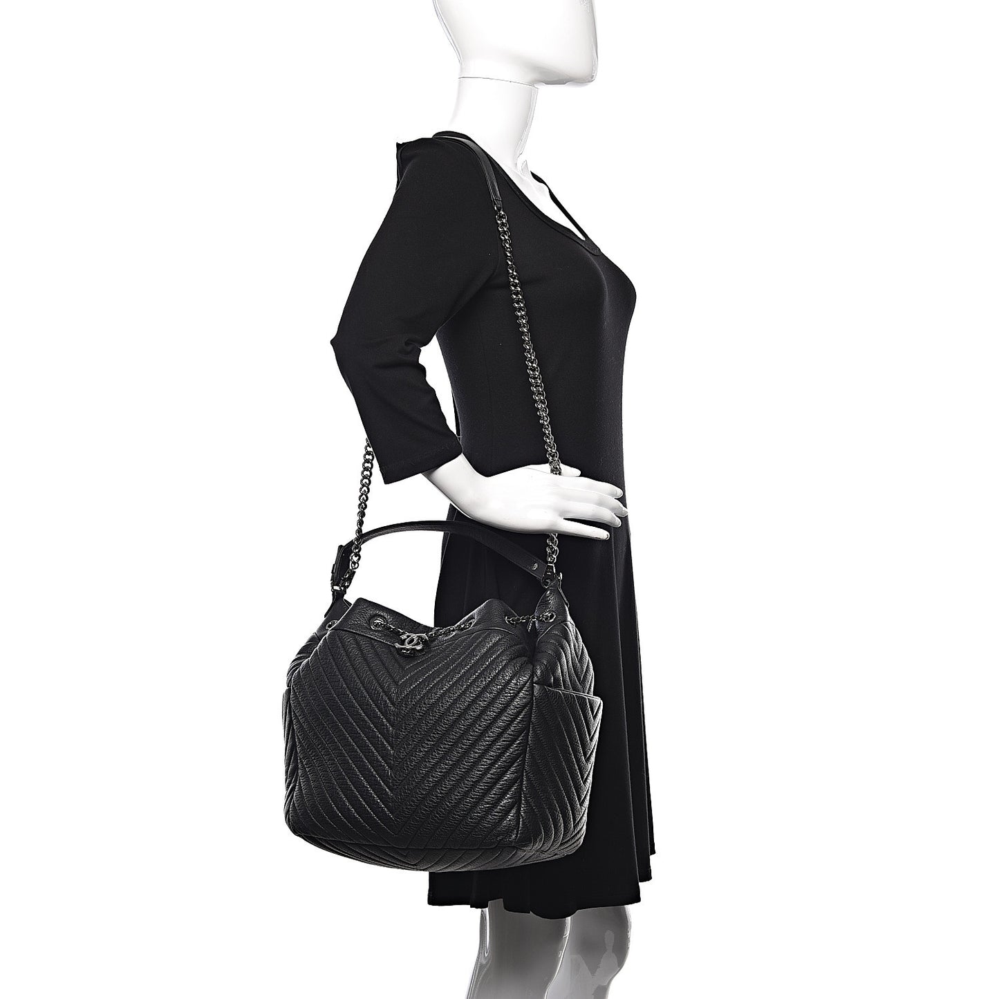 Deerskin Chevron Large CC Chain Bucket Drawstring Bag Black