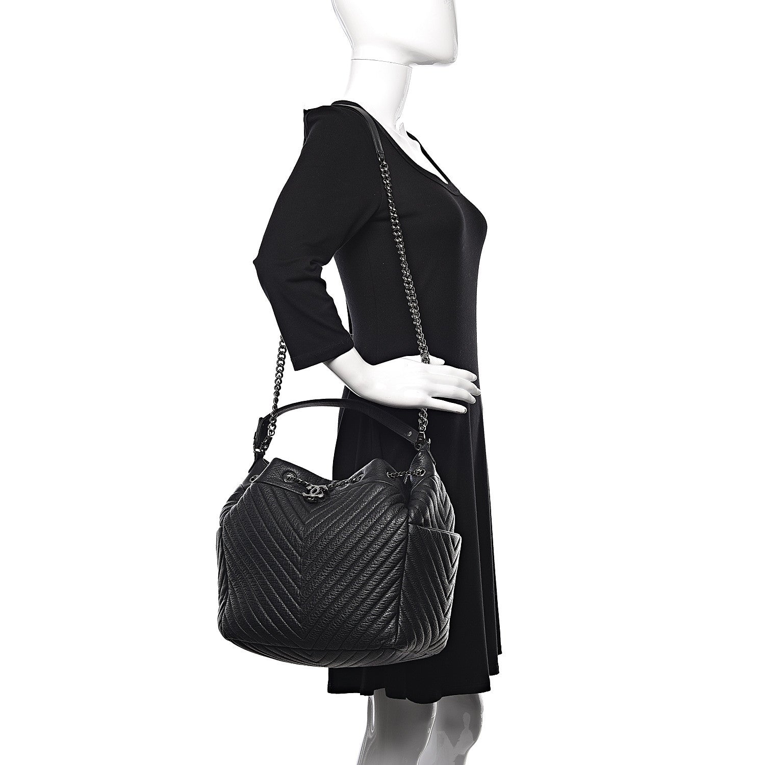 Chanel Deerskin Chevron Large CC Chain Bucket Drawstring Bag Black 2 of 10