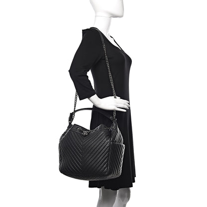 Chanel Deerskin Chevron Large CC Chain Bucket Drawstring Bag Black 2 of 10