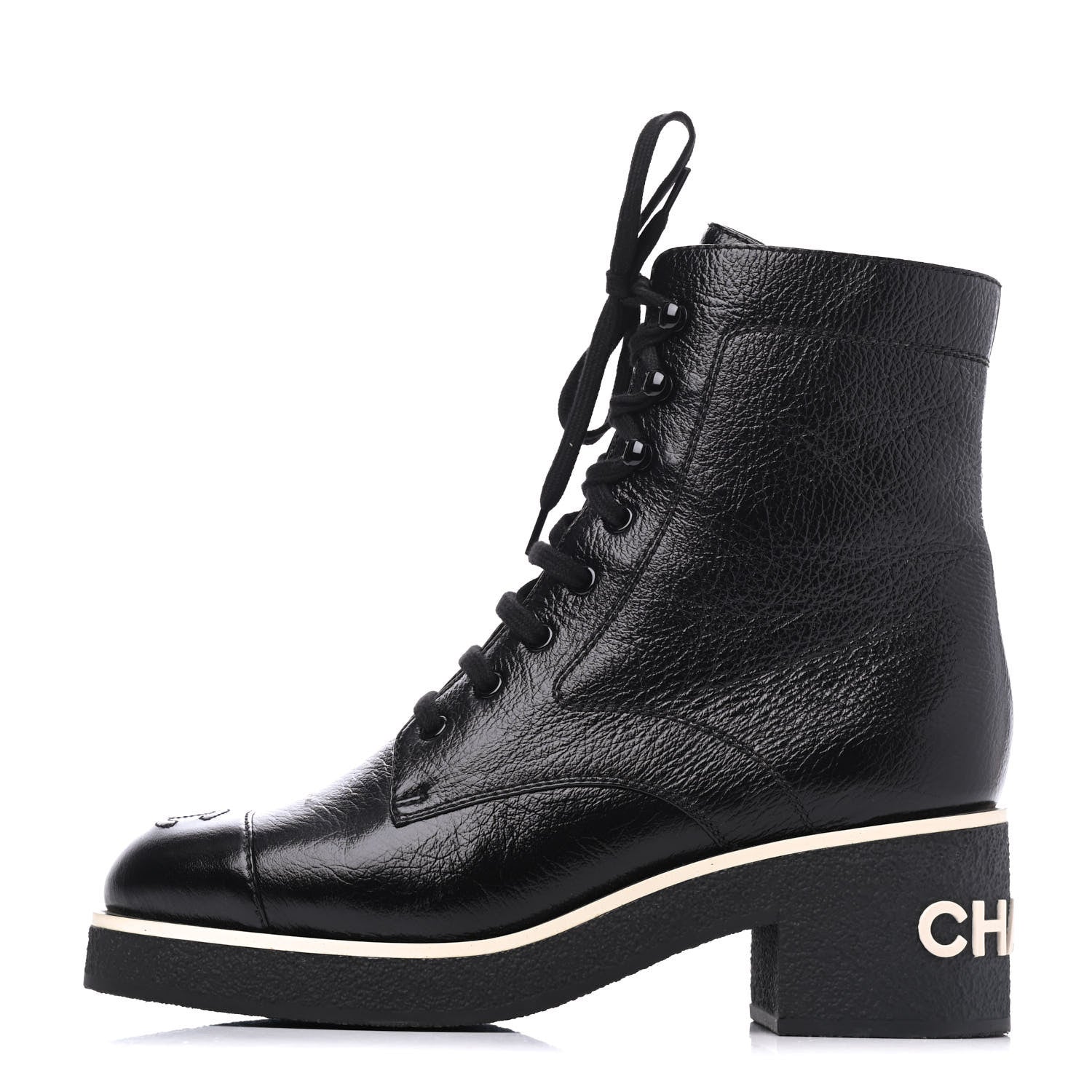 Chanel Shiny Crumpled Lambskin Lace Up Boots 39 Black 1 of 10