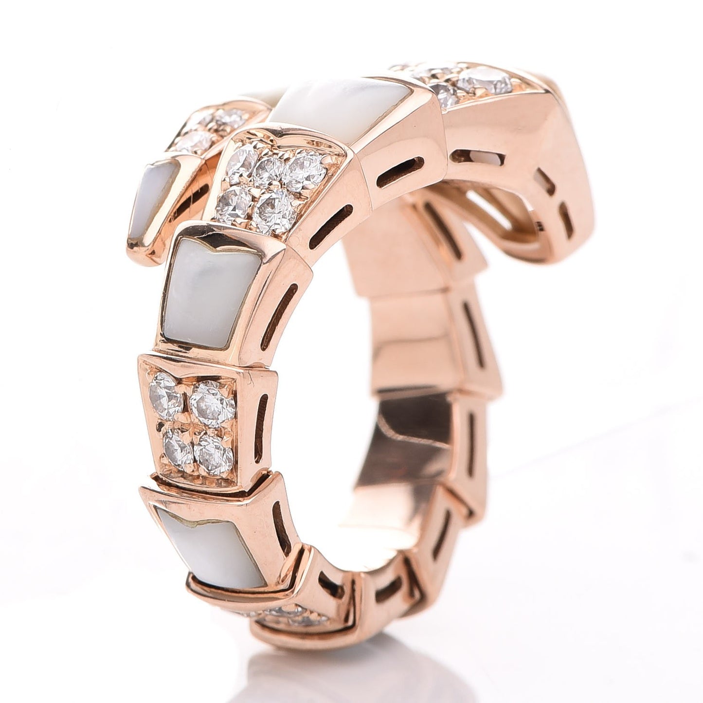 BVLGARI 18K Rose Gold Diamond Mother of Pearl Serpenti Ring S 49 5