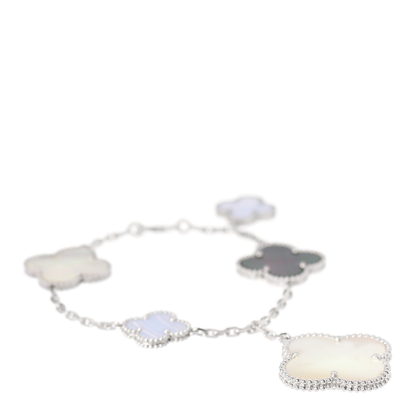 18K White Gold Chalcedony Mother of Pearl 5 Motifs Magic Alhambra Bracelet