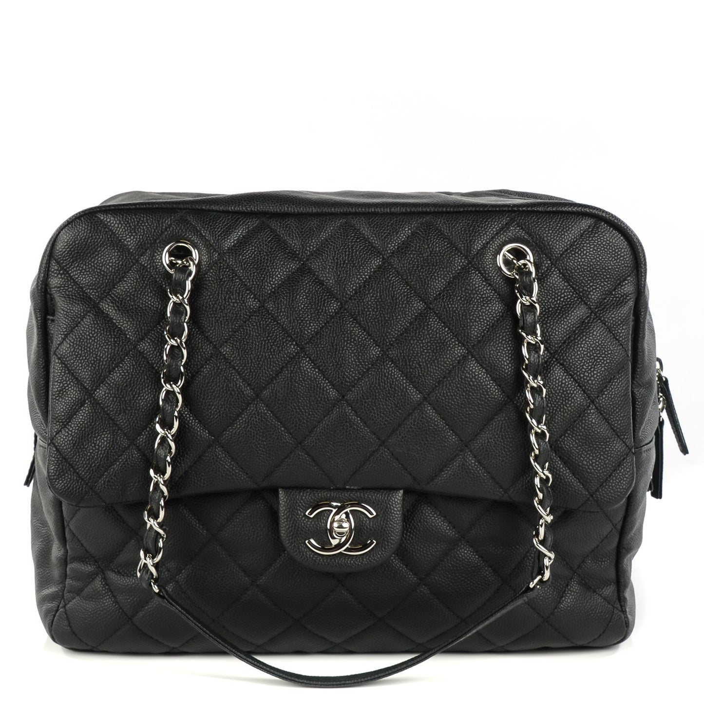 Caviar Quilted Travel Flap Tote Black