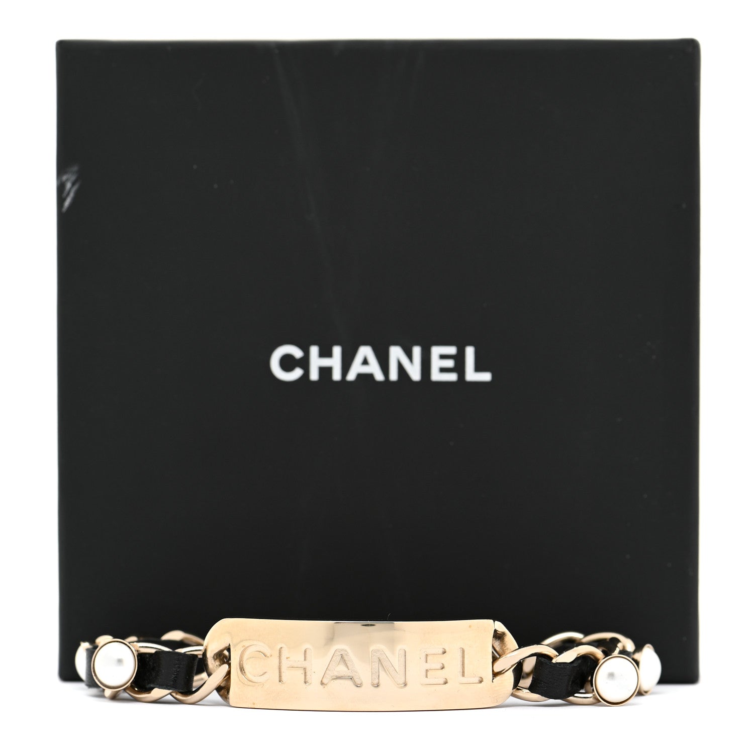 Chanel Metal Lambskin Pearl Name Plate Bracelet Black Gold 5 of 5